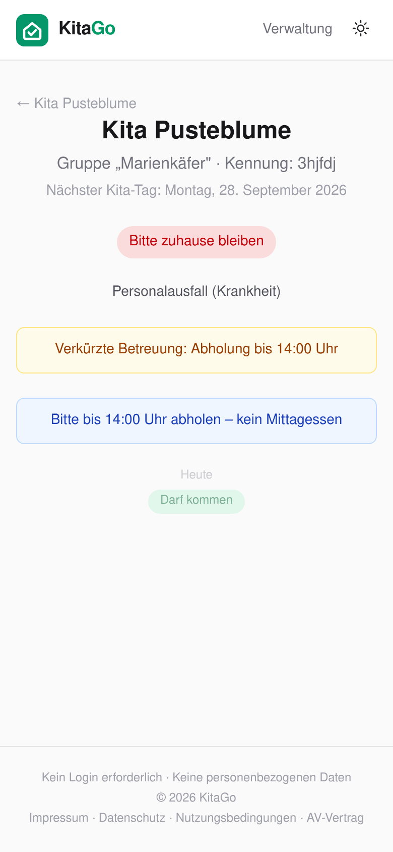 Statusseite für Eltern: Bitte zuhause bleiben