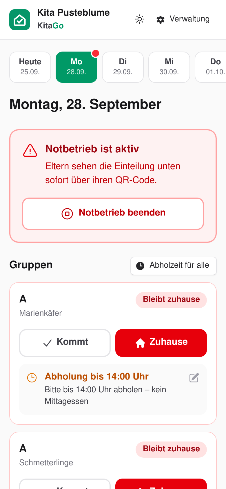 Team-Ansicht Heute auf dem Handy mit aktivem Notbetrieb